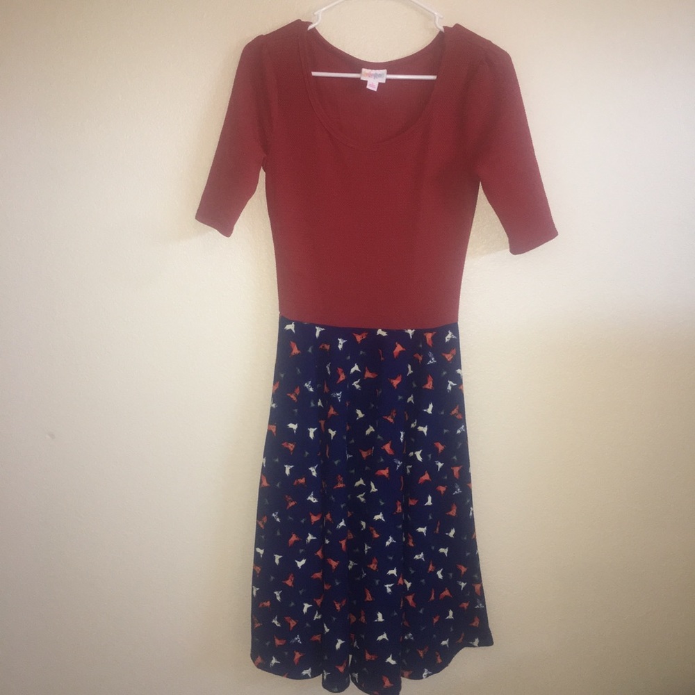 LuLaRoe Small Dress - Burnt Orange & Navy w/Design